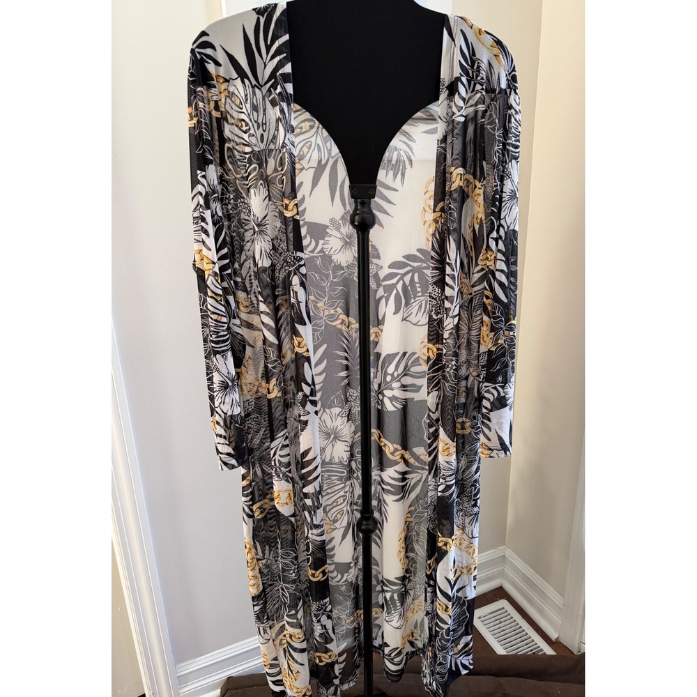 Jolie & Joy Sheer Mesh Duster Cardigan 2X Black‎ White Tropical Floral Chain